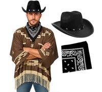 Adults Cowboy Costume - Dark Brown Poncho with Tassel Fringe, Black Star-Studded Cowboy Hat, Black Paisley Bandana - Mens Wild West Bandit Gunslinger Western Fancy Dress Costume