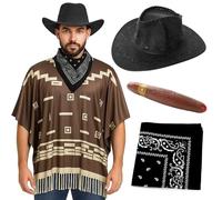 Adults Cowboy Costume - Dark Brown Poncho with Tassel Fringe, Black Velour Cowboy Hat, Black Paisley Bandana, Fake Cigar - Mens Wild West Bandit Gunslinger Western Fancy Dress Costume