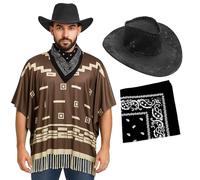 Adults Cowboy Costume - Dark Brown Poncho with Tassel Fringe, Black Velour Cowboy Hat, Black Paisley Bandana - Mens Wild West Bandit Gunslinger Western Fancy Dress Costume