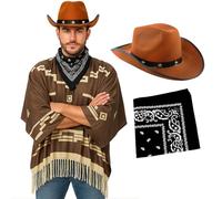 Adults Cowboy Costume - Dark Brown Poncho with Tassel Fringe, Brown Star-Studded Cowboy Hat, Black Paisley Bandana - Mens Wild West Bandit Gunslinger Western Fancy Dress Costume