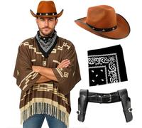 Adults Cowboy Costume - Dark Brown Poncho with Tassel Fringe, Brown Star-Studded Cowboy Hat, Black Paisley Bandana, Gun Holster - Mens Wild West Bandit Gunslinger Western Fancy Dress Costume