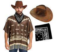 Adults Cowboy Costume - Dark Brown Poncho with Tassel Fringe, Brown Velour Cowboy Hat, Black Paisley Bandana - Mens Wild West Bandit Gunslinger Western Fancy Dress Costume