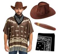 Adults Cowboy Costume - Dark Brown Poncho with Tassel Fringe, Brown Velour Cowboy Hat, Black Paisley Bandana, Fake Cigar - Mens Wild West Bandit Gunslinger Western Fancy Dress Costume