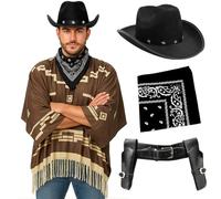Adults Cowboy Costume - Standard - Dark Brown Poncho with Tassel Fringe, Black Star-Studded Cowboy Hat, Black Bandana, Gun Holster - Mens Wild West Bandit Gunslinger Western Fancy Dress Costume