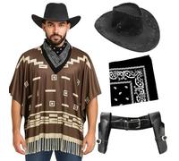 Adults Cowboy Costume - X-Large - Dark Brown Poncho with Tassel Fringe, Black Velour Cowboy Hat, Black Paisley Bandana, Gun Holster - Mens Wild West Bandit Gunslinger Western Fancy Dress Costume