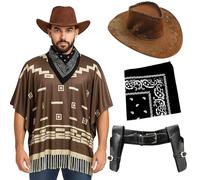 Adults Cowboy Costume - X-Large - Dark Brown Poncho with Tassel Fringe, Brown Velour Cowboy Hat, Black Paisley Bandana, Gun Holster - Mens Wild West Bandit Gunslinger Western Fancy Dress Costume
