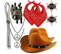 Adults Cowboy Duo Set | 10 Pcs | Brown Hat, Bootlace Tie, Necklace, Bandana & Sheriff Badge