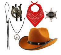 Adults Cowboy Set | 5 Pcs | Brown Hat, Bootlace Tie, Necklace, Bandana & Sheriff Badge
