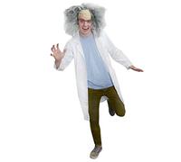 ADULTS CRAZY SCIENTIST COSTUME. TV SITCOM CARTOON DUO INSPIRED FANCY DRESS OUTFIT INCL. WHITE BUTTON UP LAB COAT, BLUE T-SHIRT & BALD CAP WITH GREY HAIR. GREAT FOR TV & COSPLAY FANCY DRESS. SMALL