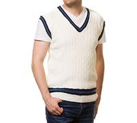 Adults Cricket Cable Knitted Sleeveless Jumper Vest Mens Fancy V Neck Sweater Cream Medium