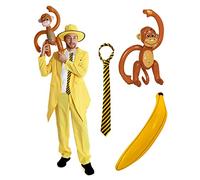 Adults Curious Monkey World Book Day Fancy Dress Costume - Small Yellow Suit Jacket & Trousers, Top Hat, Black & Yellow Striped Tie, Inflatable Banana & Monkey