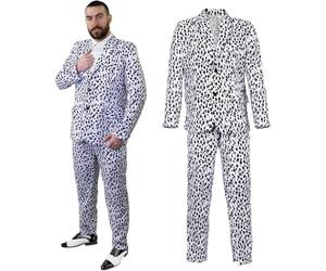 Adults Dalmatian Suit - Medium - White Suit Jacket & Trousers with Black Dalmatian Spot Print - Mens Stag Do TV Film World Book Day Halloween Fancy Dress Costume