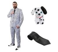 Adults Dalmatian Suit - XX-Large - White & Black Dalmatian Print Suit, Black Tie, Dog Plush Toy - Mens Stag Do TV Film World Book Day Halloween Fancy Dress Costume
