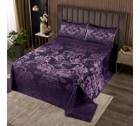 Adults Damask Gothic Bedspread Set Antique Victorian Quilt Set King,Vintage Floral Goth Coverlet Set Boho Sun and Moon Quilted,Tree of Life Bohemian Baroque Decor,Purple Lilac