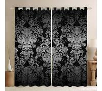 Adults Damask Gothic Curtains Antique Victorian Blackout Curtains 2 Panels 66"Wx72"L,Vintage Floral Goth Curtains & Drapes Moth Curtains,Bone Skeleton Bohemian Baroque Decor,Black and Grey