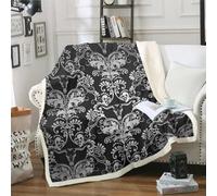 Adults Damask Gothic Throw Blanket Antique Victorian Blanket 50"x60",Vintage Floral Goth Fleece Blanket Longhorn Skull Bed Blanket,Bull Bone Bohemian Baroque Decor,Black and White