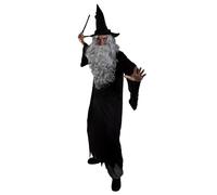 Adults Dark Wizard Costume - Small - Black Ragged Robe, Black Wizard Hat, Grey Wig & Beard, Wizard Wand - Adults Halloween Fancy Dress Costume