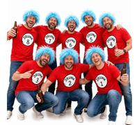 Adults Darts Group Costume Set Red Tees & Blue Spiky Wigs 8 Person Kit | Adults darts group costume, 8-person set, red numbered t-shirts, blue spiky wigs, unisex cotton, stag party
