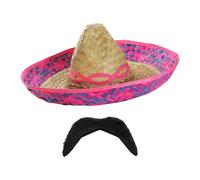 Adults Deluxe Mexican Sombrero Set - Pink Embroidered Straw Sombrero and Black Moustache - Mexico Fiesta Cinco de Mayo Mariachi Fancy Dress Costume Accessory Set