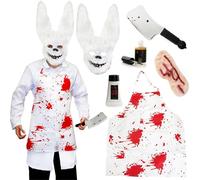Adults Deluxe White Killer Rabbit Costume Set - Rabbit Mask, White Apron, Plastic Cleaver Knife, Spirit Gum, Liquid Latex and Prosthetic Claw Scar - Perfect for Halloween Fancy Dress