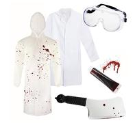 Adults Dexter Costume Set - Standard Size - Transparent Hooded Coat, White Lab Coat, Clear Goggles, Fake Blood and a Plastic Cleaver Knife - Perfect for Halloween, Tv Character Themed Party