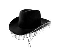 Adults Diamanté Cowgirl - Pack of 1 - Black Cowboy Hat with Rhinestone Fringe - Adults Bling Glitter Cowgirl Hen Party Western Party Fancy Dress Accessory
