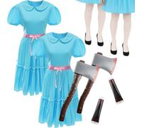 Adults Duo Haunted Twin Costume - Creepy Blue Dress, Tights, Bloody Axe and Face Paint - Horror Outfit for Halloween, Fancy Dress Parties, Haunted House Events, Spooky Couple or Group Costume Idea