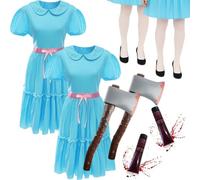 Adults Duo Haunted Twin Costume - Creepy Blue Dress, Tights, Bloody Axe and Face Paint - Horror Outfit for Halloween, Fancy Dress Parties, Haunted House Events, Spooky Couple or Group Costume Idea
