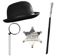 Adults Eccentric Boxer Costume - Black Bowler Hat, Silver Sheriff Badge, Silver Style Walking Cane, Monocle on String - Mens Best of British Sports Fancy Dress Costume