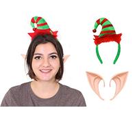 Adults Elf Accessories - Green and Red Striped Mini Elf Hat on a Headband + a Pair of Plastic Elf Ears - Santa's Little Helper Christmas Fancy Dress Costume Accessory Set (One Size)