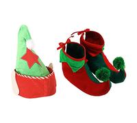 ADULTS ELF ACCESSORIES - PLUSH GREEN ELF HAT WITH ATTACHED ELF EARS + RED AND GREEN ELF BOOTS - FUNNY MENS LADIES CHRISTMAS NOVELTY FANCY DRESS HAT ACCESSORY
