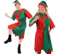 Adults Elf Costume - Green And Red Elf Tunic + Matching Hat With Bobble - Unisex Christmas Fancy Dress Costume Cheeky Elf Santa's Little Helper Elves
