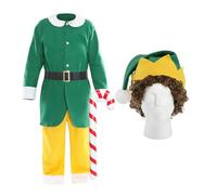 Adults Elf Costume Green Tunic, Yellow Trousers, Green & Yellow Hat, Curly Wig and Inflatable Candy Cane - Adults Christmas Movie Fancy Dress Costume