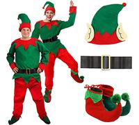 Adults Elf Costume - Large - 5 Piece Outfit with Green Long Sleeve Top, Red Trousers, Hat, Black Belt with Gold Buckle and Boots - Festive Fancy Dress for Christmas Parties and Nativity Events