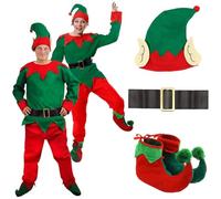 Adults Elf Costume - XSmall - 5 Piece Outfit with Green Long Sleeve Top, Red Trousers, Hat, Black Belt with Gold Buckle and Boots - Festive Fancy Dress for Christmas Parties and Nativity Events