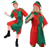 Adults Elf Fancy Dress Costume - XXLarge - Red & Green Christmas Elf Costume For Men & Women With Attached Jingle Bells + Matching Elf Hat