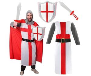 Adults England Knight Costume - Medium - Includes English Flag Tunic Red Cape Chain Mail Headpiece and Inflatable Sword & Shield Set - Patriotic Fancy Dress for Football Rugby and St George's Day