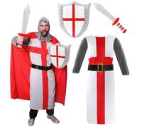 Adults England Knight Costume - XXLarge - Includes English Flag Tunic Red Cape Chain Mail Headpiece and Inflatable Sword & Shield Set - Patriotic Fancy Dress for Football Rugby and St George's Day