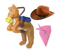 Adults Eurovision Cowboy Fancy Dress Costume - Inflatable Ride-On Horse, Brown Cowboy Hat, Bandana - Adults Wild West Fancy Dress Costume
