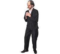 ADULTS EVIL ORPHAN CATCHER COSTUME PINSTRIPE BUTTON UP JACKET WITH MATCHING TROUSERS, BALD CAP WITH ATTACHED GREY HAIR AND LONG FAKE NOSE (SMALL)