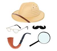 Adults Explorer Accessory Set - Explorer Hat, Gold Framed Glasses, Smoking Pipe, Magnifying Glass, and a Black Moustache - Perfect for Explorer Themed Party Dress Up and Other Fancy Dress Events