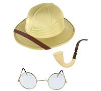 Adults Explorer Safari Pith Helmet Hat, Round Frame Glasses Fake Smoking Pipe Explorer Hunter Traveler Fancy Dress Set