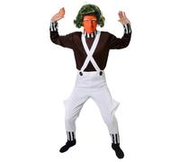 Adults Factory Worker Costume - S - Brown Long-Sleeved Top with Striped Collar & Cuffs and White Dungarees - Iconic Chocolate Factory Character Fancy Dress for World Book Day & Halloween