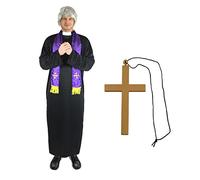 Adults Father Costume - Long Black Priest Robe, Grey Wig and Gold Cross Necklace - TV/Film Ted Religious Fancy Dress Costume