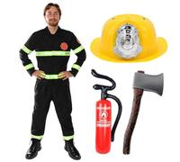 Adults Fire Fighter Costume - Inflatable Fire Extinguisher 70cm, Helmet, 40cm Axe & Fireman Uniform with Reflective Detail for Fancy Dress, Funny Stag Do Outfit, Halloween & Role Play