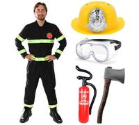 Adults Fire Fighter Costume - Mens Fireman Uniform with Reflective Detail, Axe Prop, Helmet & Goggles for Fancy Dress, Funny Stag Do Outfit, Halloween & Role Play - Medium
