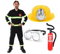 Adults Fire Fighter Costume - Mens Fireman Uniform with Reflective Detail, Helmet Inflatable Fire Extinguisher, & Goggles for Fancy Dress, Funny Stag Do Outfit, Halloween & Role Play