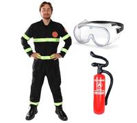 Adults Fire Fighter Costume - Mens Fireman Uniform with Reflective Detail, Inflatable Extinguisher & Goggles for Fancy Dress, Funny Stag Do Outfit, Halloween & Role Play
