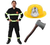 Adults Fire Fighter Costume - Mens Yellow Hat, 40cm Axe Prop Fireman Uniform with Reflective Detail for Fancy Dress, Funny Stag Do Outfit, Halloween & Role Play
