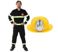 Adults Fire Fighter Costume - Mens Yellow Hat & Fireman Uniform with Reflective Detail for Fancy Dress, Funny Stag Do Outfit, Halloween & Role Play - Small